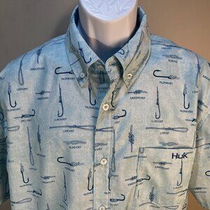 HUK Men's light blue and white vented short sleeve fishing shirt Large L EUC